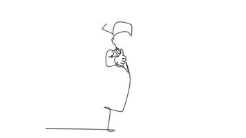 Animated self drawing of continuous line draw young happy little boy student wearing graduation hat and giving thumbs up gesture while holding graduation paper roll. Full length single line animation video