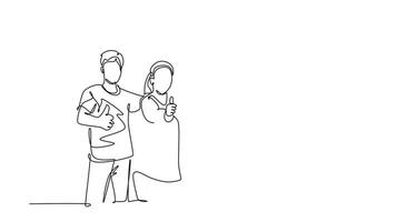 Animated self drawing of continuous line draw young happy businessmen and businesswoman stand up and giving thumbs up gesture pose together. Business teamwork building. Full length one line animation video