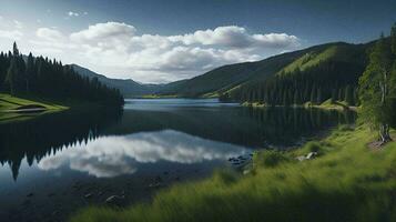 beautiful lake in the mountain by AI photo