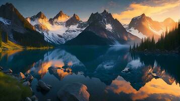 beautiful lake in the mountain by AI photo