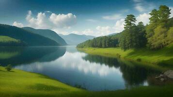 beautiful lake in the mountain by AI photo