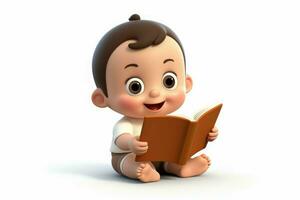 3d cartoon baby reading book. Generate Ai photo