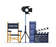 Director chair, camera, lighting, clapperboard, filmstrip. Movie, cinema making professional equipment for recording film. Vector illustration.