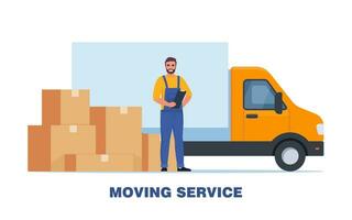 Moving service. Transportation services of things. Moving of items to destination. Man in uniform, cardboard boxes and truck container. Advertising banner for delivery service. Vector illustration.