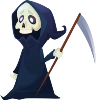 Grim reaper with scythe. Death character. Halloween skeleton costume. Cartoon Illustration isolated on transparent background. png