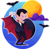 Happy Halloween. Vampire wearing black and red cape against the backdrop of the full moon. Cute character. Colorful illustration in cartoon style png. png