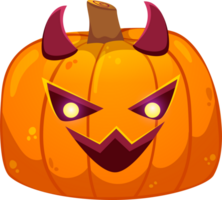 Halloween pumpkin with creepy smiling face and with evil horns. Cartoon Illustration isolated on transparent background. png