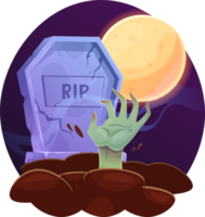 Zombie hand crawls out of the grave. Tombstone in the night. Halloween cemetery. Cartoon style. Illustration isolated on transparent background. png