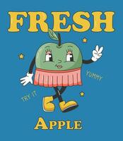 90s Fruta gracioso retro maravilloso dibujos animados caracteres. póster con cómic personaje de manzana. maravilloso verano vector ilustración. dulce jugoso Fresco Fruta bandera.