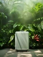 Editorial photo of a green suitcase set against white backdrop, framed by lush green plants. Perfect mix of travel and nature, capturing the essence of modern, eco-conscious adventures.