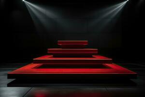 Red square podium on dark background with spotlights. Empty pedestal for award ceremony. Black background photo