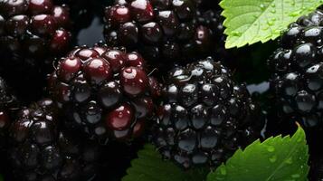 A close-up of a bunch of blackberries  ripe and juicy  on a branch. photo