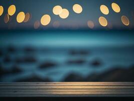 Wooden table and blur tropical beach background, product display montage. High quality photo 8k FHD AI generated