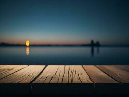 Wooden table and blur tropical beach background, product display montage. High quality photo 8k FHD AI generated