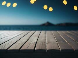 Wooden table and blur tropical beach background, product display montage. High quality photo 8k FHD AI generated