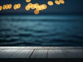 Wooden table and blur tropical beach background, product display montage. High quality photo 8k FHD AI generated