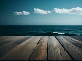 Wooden table and blur tropical beach background, product display montage. High quality photo 8k FHD AI generated