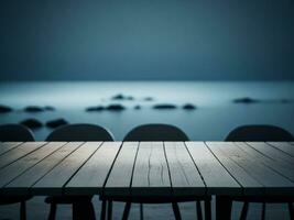 Wooden table and blur tropical beach background, product display montage. High quality photo 8k FHD AI generated