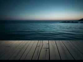 Wooden table and blur tropical beach background, product display montage. High quality photo 8k FHD AI generated