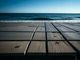 Wooden table and blur tropical beach background, product display montage. High quality photo 8k FHD AI generated