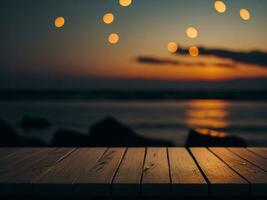 Wooden table and blur tropical beach background, product display montage. High quality photo 8k FHD AI generated