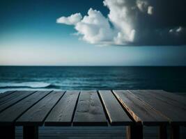 Wooden table and blur tropical beach background, product display montage. High quality photo 8k FHD AI generated