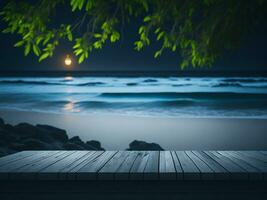 Wooden table and blur tropical beach background, product display montage. High quality photo 8k FHD AI generated