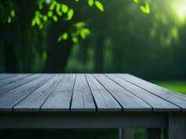 Wooden table and blur tropical beach background, product display montage. High quality photo 8k FHD AI generated