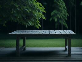 Wooden table and blur tropical beach background, product display montage. High quality photo 8k FHD AI generated