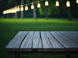 Wooden table and blur tropical green grass background, product display montage. High quality photo 8k FHD AI generated