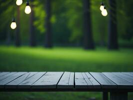 Wooden table and blur tropical green grass background, product display montage. High quality photo 8k FHD AI generated