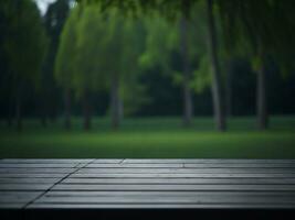 Wooden table and blur tropical green grass background, product display montage. High quality photo 8k FHD AI generated