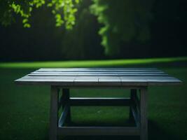 Wooden table and blur tropical green grass background, product display montage. High quality photo 8k FHD AI generated