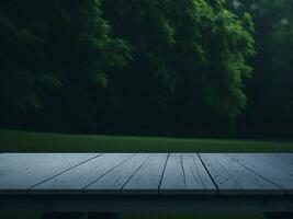 Wooden table and blur tropical green grass background, product display montage. High quality photo 8k FHD AI generated