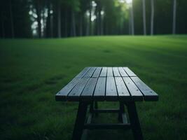 Wooden table and blur tropical green grass background, product display montage. High quality photo 8k FHD AI generated