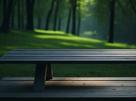 Wooden table and blur tropical green grass background, product display montage. High quality photo 8k FHD AI generated