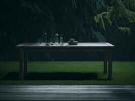 Wooden table and blur tropical green grass background, product display montage. High quality photo 8k FHD AI generated