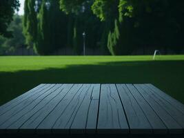 Wooden table and blur tropical green grass background, product display montage. High quality photo 8k FHD AI generated