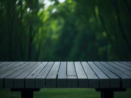 Wooden table and blur tropical green grass background, product display montage. High quality photo 8k FHD AI generated