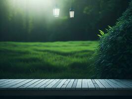 Wooden table and blur tropical green grass background, product display montage. High quality photo 8k FHD AI generated