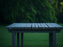 Wooden table and blur tropical green grass background, product display montage. High quality photo 8k FHD AI generated