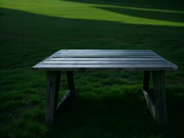 Wooden table and blur tropical green grass background, product display montage. High quality photo 8k FHD AI generated