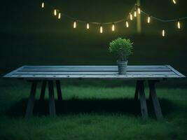 Wooden table and blur tropical green grass background, product display montage. High quality photo 8k FHD AI generated