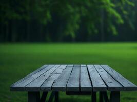 Wooden table and blur tropical green grass background, product display montage. High quality photo 8k FHD AI generated