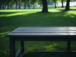 Wooden table and blur tropical green grass background, product display montage. High quality photo 8k FHD AI generated