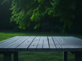 Wooden table and blur tropical green grass background, product display montage. High quality photo 8k FHD AI generated