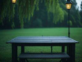 Wooden table and blur tropical green grass background, product display montage. High quality photo 8k FHD AI generated