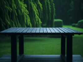 Wooden table and blur tropical green grass background, product display montage. High quality photo 8k FHD AI generated