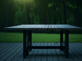 Wooden table and blur tropical green grass background, product display montage. High quality photo 8k FHD AI generated