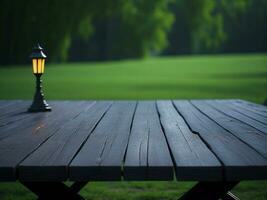 Wooden table and blur tropical green grass background, product display montage. High quality photo 8k FHD AI generated